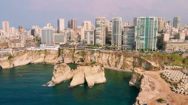 Roucheh rocks in Beirut, Lebanon in the sea in 4K quality, Pigeon Rocks in Mediterranean sea.
