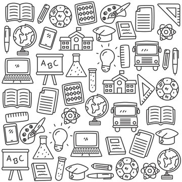 Set of school related doodle vector illustration in cute hand drawn style suitable for graphic element or background 