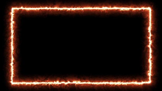Empty frame with fire border glowing, burning flame signboard. Blank rectangle fire with flames around sign frame lights. The best footage stock of animation orange fire burning on black background