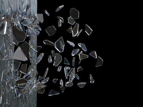 Glass window exploding into many small shattered glass pieces