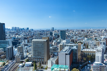 Fototapeta na wymiar 青空を背景に文京区から見た新宿方面とビル群