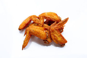 Fried chicken wings on white background.