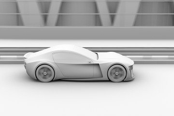 Clay rendering of electric powered sports coupe driving on the highway.  3D rendering image.  - obrazy, fototapety, plakaty