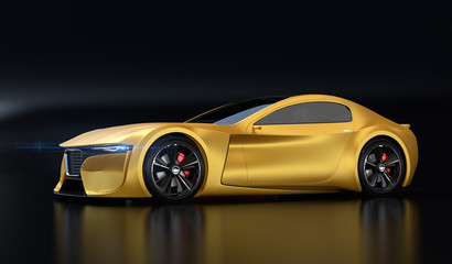 Side view of yellow paint electric powered sports coupe on black background. 3D rendering image. - obrazy, fototapety, plakaty