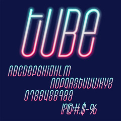 Tube Neon vector font. Glowing green and pink capital letters and numbers on dark blue background. Glowing font in cyber style technology. Trendy vector neon alphabet