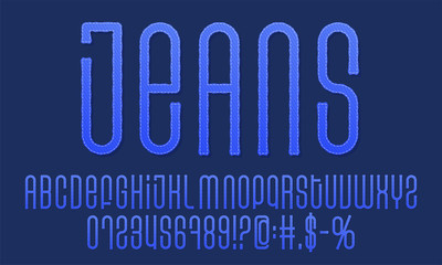 Textured vintage vector font. Denim label typeface. jeans alphabet. Design elements with grunge effect.