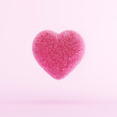 Red Fur Heart floating on pink background. Minimal Valentine concept. 3D Render