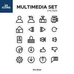 20 multimedia digital icons set in line style. Modern icon design for multimedia device or platform. Music or video platform.