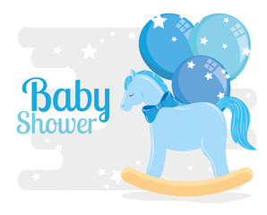 baby shower card with wooden horse and decoration design - obrazy, fototapety, plakaty