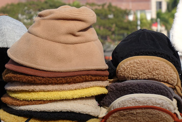 A Market Stall Sells Winter Hats