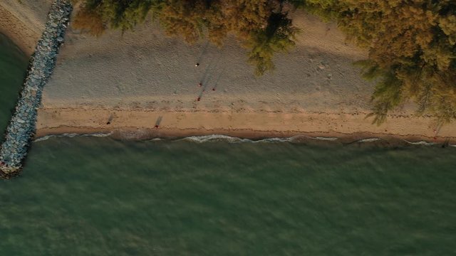 4k cinematic b-roll drone shot of flying above Pantai Puteri, famous beach at Melaka, Malaysia. 