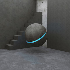 3d rendering scene with concrete architecture corner and abstract scifi object