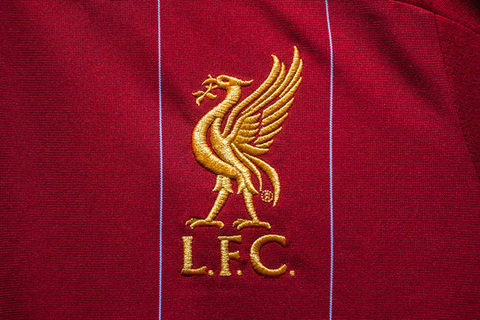 Bangkok, Thailand - February 13, 2020 : Close-up of Liverpool Football Club emblem on the home jersey