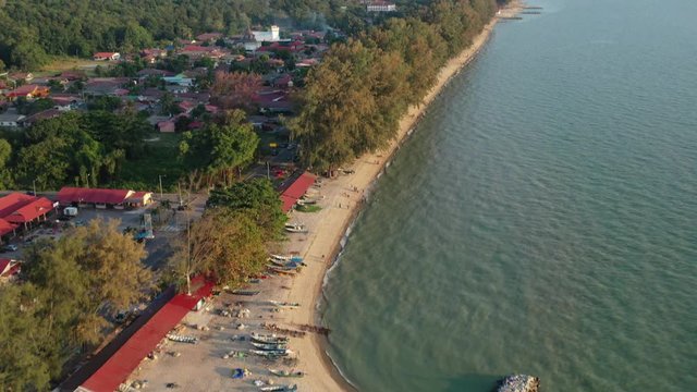 4k cinematic b-roll drone shot of flying above Pantai Puteri, famous beach at Melaka, Malaysia. 