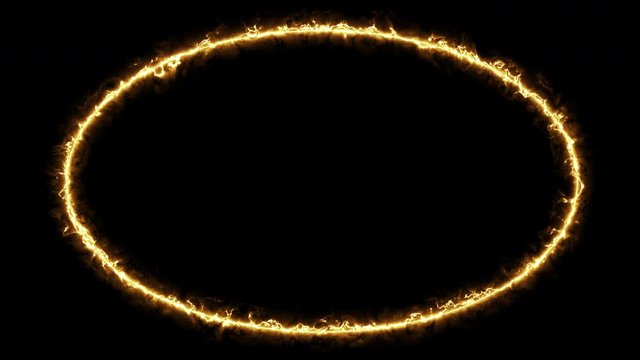 Empty e lip circle, circular frame with fire border glowing, burning flame signboard. Blank elip circle sign fire flames around frame lights. The best stock of animation signboard orange fire burn