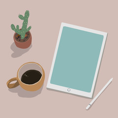 タブレット　サボテン　机　デスク　コーヒー © POMO@Ymo