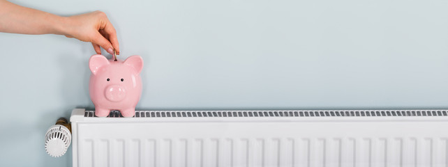 Woman Hand Inserting Coin In Piggybank On Radiator