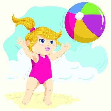 little girl playing ball cute flat illustration vector 