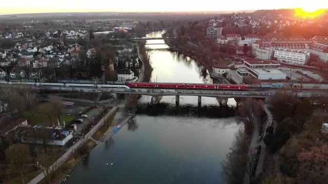 Two trains crossing a bridge