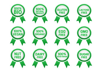 Set of 100% Bio, Natural, Organic, Vegan, Vegetarian Badge Icons and Gluten, Lactose, Egg, GMO, Nut, Dairy, Sugar Free Fresh Food Ribbons for Natural Product for Healthy Life and Premium Quality Food