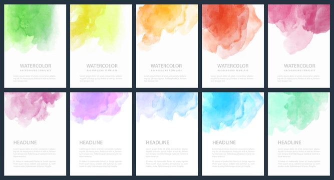 Set of light colorful vector watercolor A4 backgrounds for poster, brochure or flyer