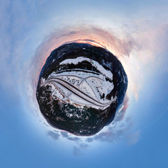 Abstract 360 Aerial Panoramic View of a scenic Highway passing in the Canadian Mountain Landscape...