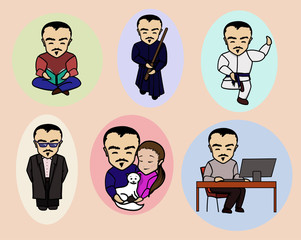 a set of pictures with an Asian guy about his life- sports, work, love, everyday life