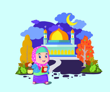 happy girl go to mosque, doodle illustration. or cute girl hold lantern and holly quran.