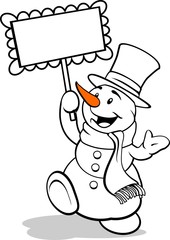 Snowman holding a sign. Black And White Coloring. Vector illustration. 