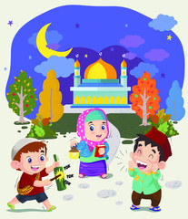 happy kids on ramadan night doodle illustration