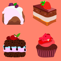 fresh juicy pastries and cakes in a flat style, delicious pastry with berries, desserts
