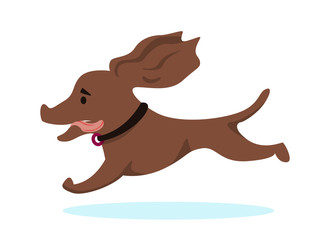 Advertising Poster Puppy Rejoices and Runs Flat. Information Banner Dog Small Breed in Collar Runs to Meeting. Playful Dog has Long Ears Cartoon. Vector Illustration on White Background.