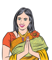 Indian woman raise her hands to respectfully welcome on a white background. hand drawn style vector design illustrations.