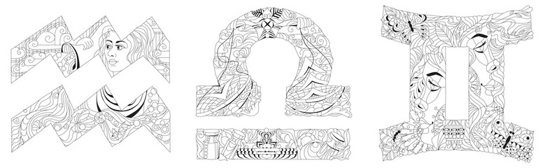 Air Signs Zodiac Libra, Gemini, Aquarius. Vector zentangle object for coloring