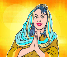 Indian woman raise her hands to respectfully welcome on a white background. hand drawn style vector design illustrations.
