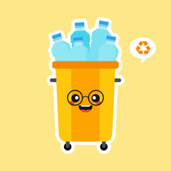 kawaii and cute Recycle Bin Cartoon Mascot Character Full With plastic Garbage . Vector Illustration Isolated On color Background. Reuse recycling and keep clean concept