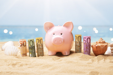Euro Banknotes Near Piggybank