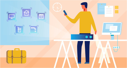 Smart House System Application Interface for Remote Control. Man Character Regulating Home Robots Function Distantly from Office. Locks, Household Appliances, Taps Projection. Vector IOT Illustration