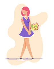 Happy Smiling Pretty Young Woman Standing with Flat Flower Bouquet in Hands Cutout Cartoon. First Romantic Dating, Waiting for Soul Mate, Celebrating Anniversary Situation. Vector Illustration