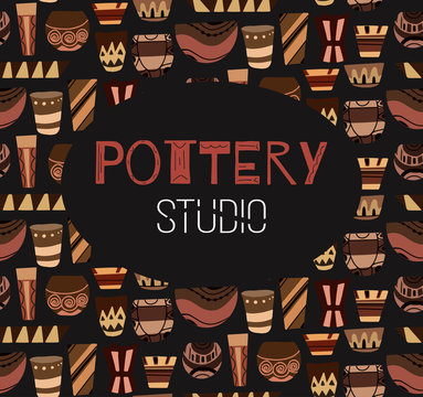Pottery lessons. Square placart. Flat clay vases and pots with boho pattern on a dark background. Vector template for invitations, diplomas, banners and your design.