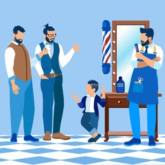 Little Boy Bragging with his New Hairstyle to Father and Barbers Showing Thumb Up. Dad and Son Stand at Big Mirror in Men Beauty Salon, Grooming Place Barber Shop. Cartoon Flat Vector Illustration