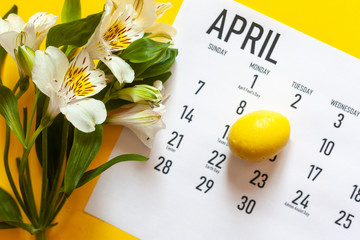 April 2020 monthly calendar with yellow easter egg on the bright yellow background. Close-up view...