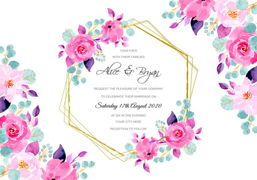 wedding invitation card with pink purple floral watercolor