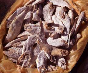 Dry fish or Sutki Maach for sale in an Indian market. These are also called Sutki maach in Bengali language.