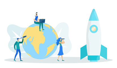 Man Sitting on Globe with Laptop Flat Cartoon Vector Illustration. Man looking throught Telescope and Girl with Binoculars. Rocket Ship for Start up and Development Projects, Creative Ideas.