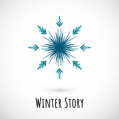 Winter hand draw blue snowflake icon, vector doodle design.
