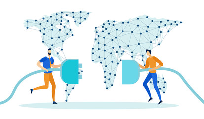 World Map Dots Connected with Lines Flat Cartoon Vector Illustration. Men Characters Putting Plug into Socket. Male People with Abstract Mash Line and Point Scales on Background. Global Connection.