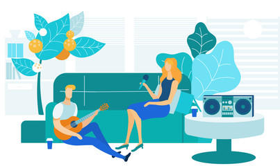 Fototapeta premium Home Karaoke, Entertainment Vector Illustration. Young Friends, Boyfriend and Girlfriend Cartoon Characters. Amateur Musician and Singer. Man Playing Guitar, Woman Holding Microphone. Indoor Date