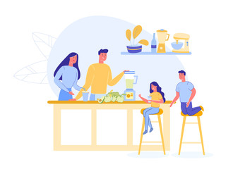 Family with Children Preparing Vegetarian Shake or Smoothie from Fresh Green Products in Kitchen with Mixer Interior. Healthy Lifestyle and Fashion Nutritional Diet. Trendy Flat Vector Illustration.