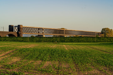 View from Engers at the railway bridge in Urmitz, Rhineland-Palatine, Germany